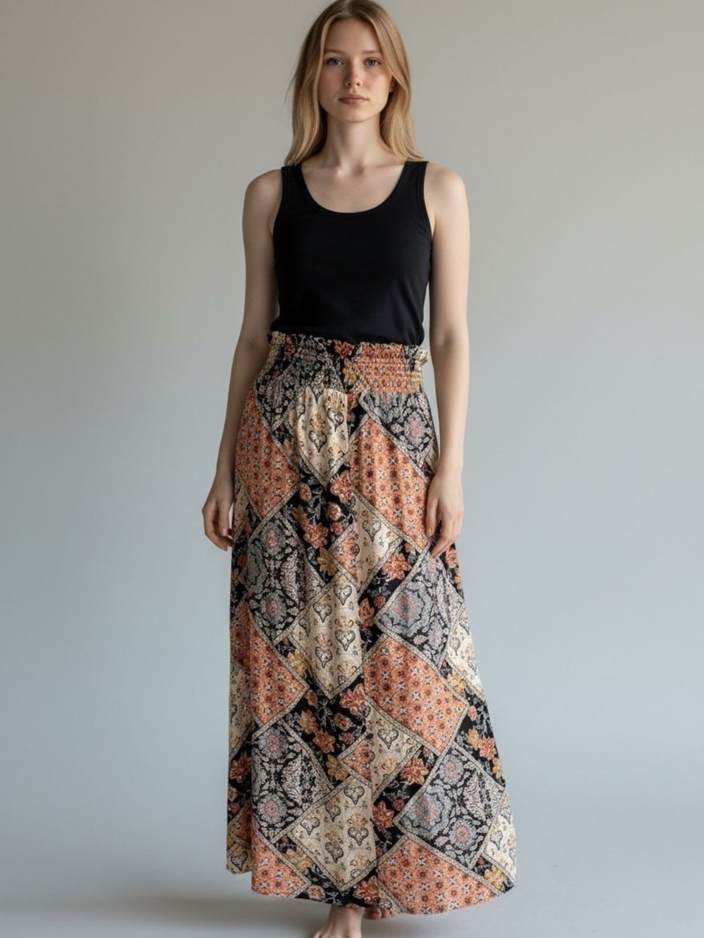 Patterned Patchwork Maxi Skirt Boho-Grunge Whimsigoth Cottagecore Fall